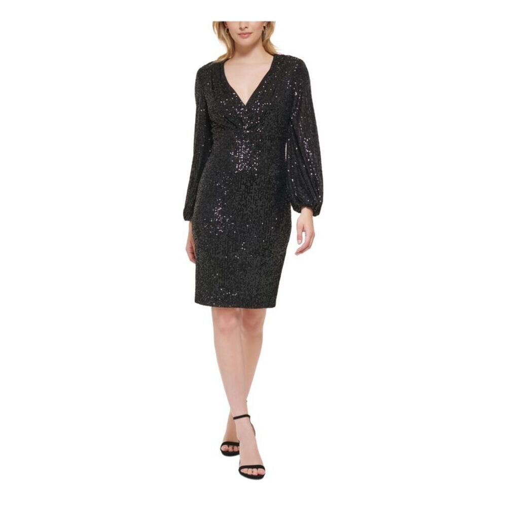 ELIZA J Womens Black Shoulder Pads Lined Blouson Sleeve Sheath Dress 2